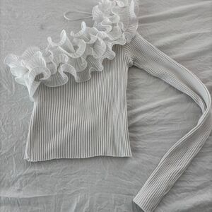 ZARA Dressy Ruffle One Shoulder Ribbed Long Sleeve Sz M Women's White Blouse